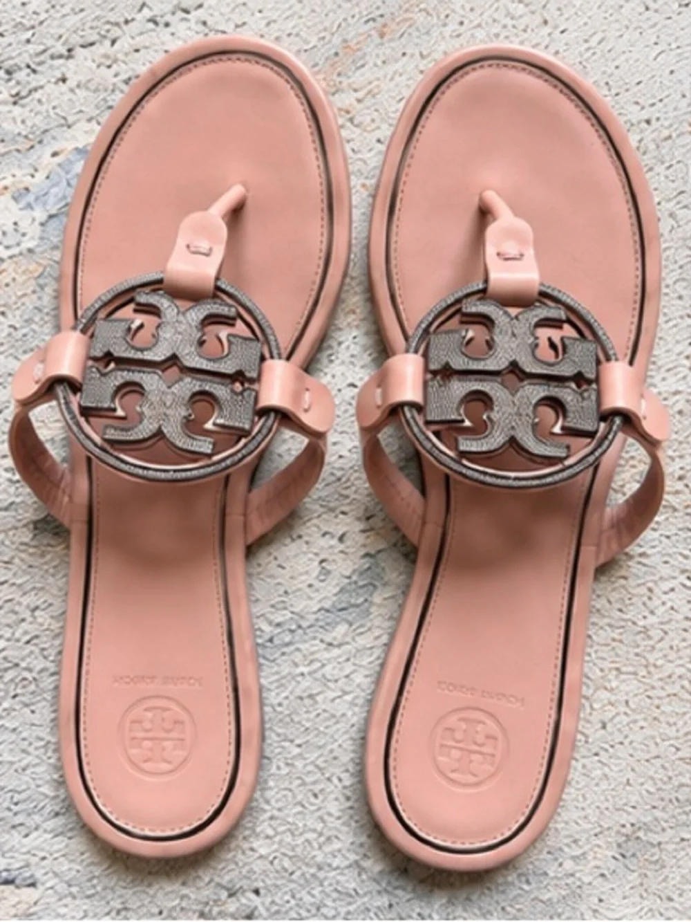 Tory Burch Miller Pavé Logo Thong Sandals Blush Pink Crystal Leather Size 10